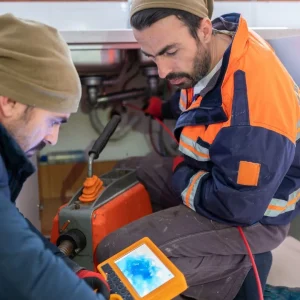 Licensed plumber using thermal imaging leak detection camera in Oakville