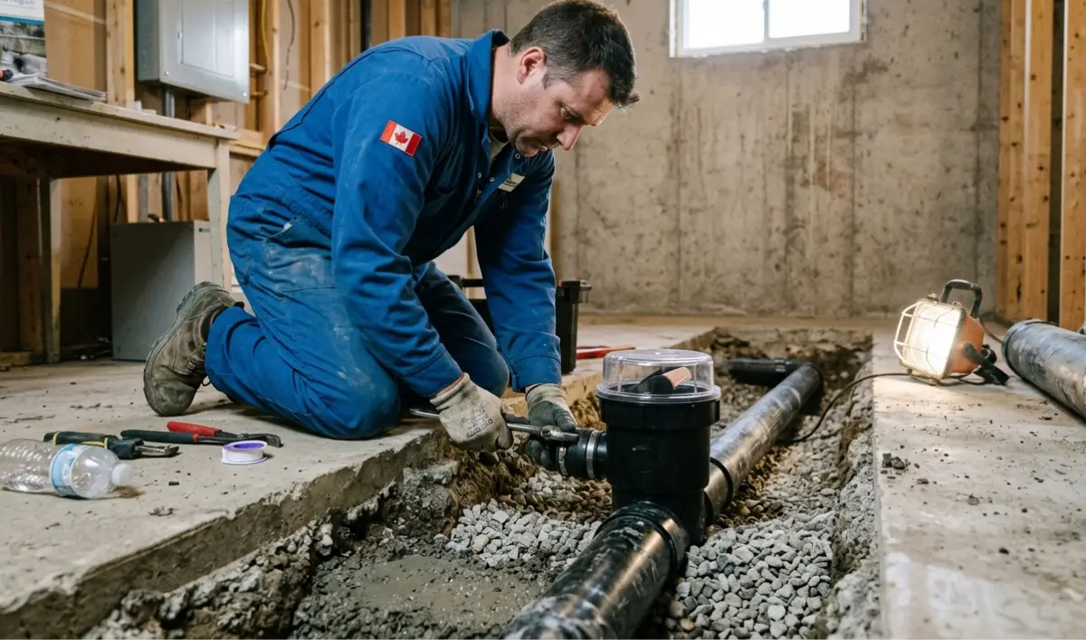 A professional plumber in blue overalls installing a backwater valve in an Oakville basement to prevent sewage backup.