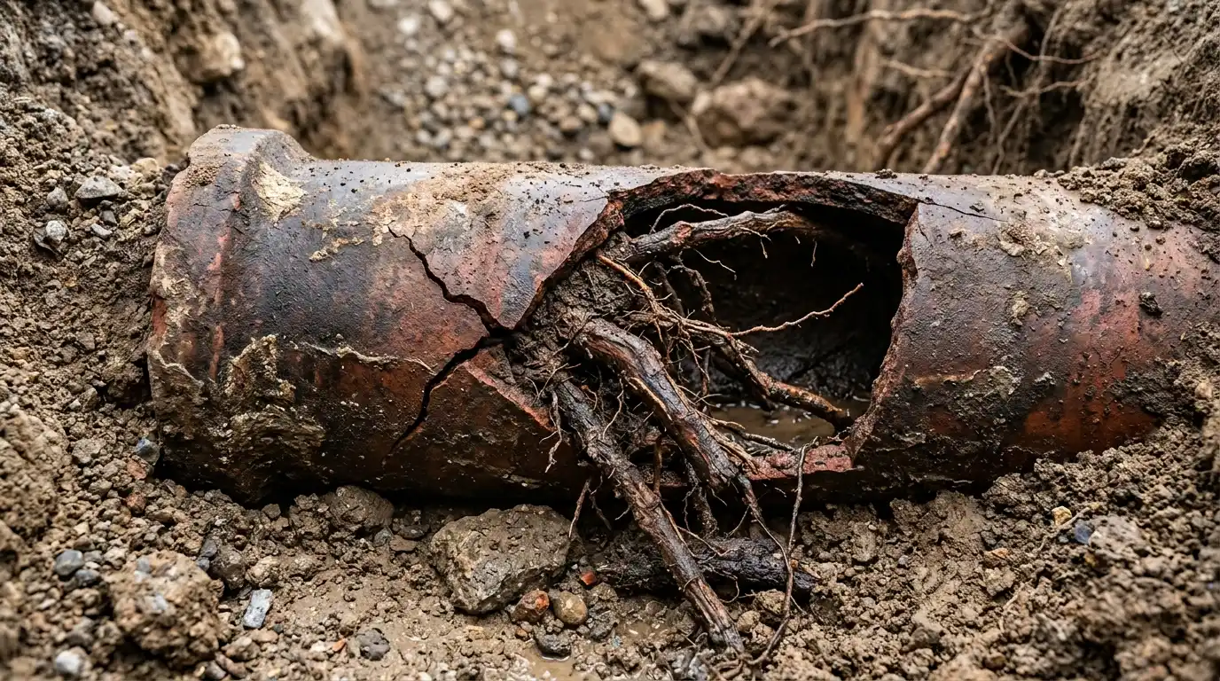 Tree roots intruding into a sewer line, a common cause of backups in Oakville
