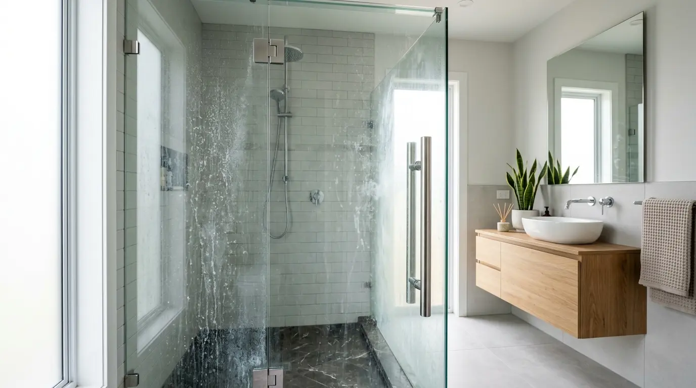 Cloudy shower glass caused by hard water in an Oakville home