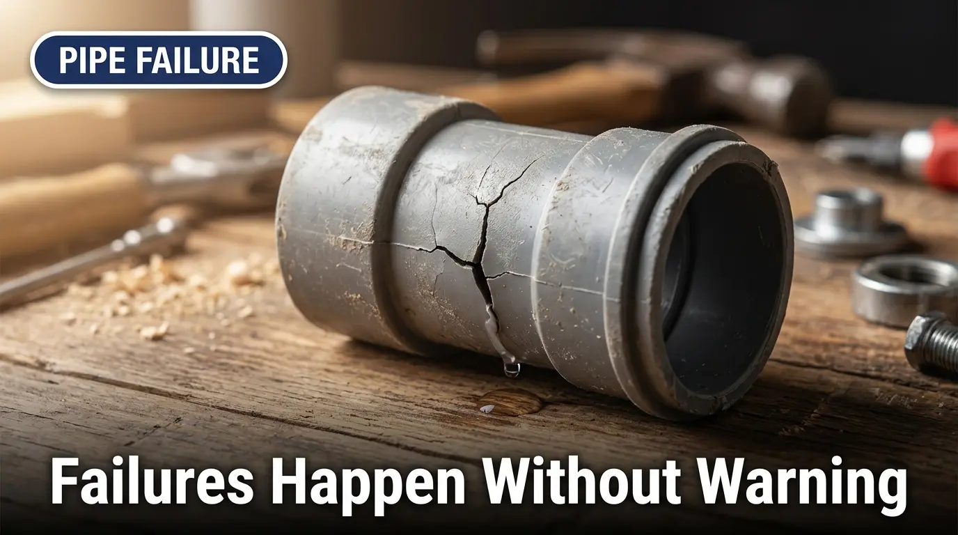 Cracked polybutylene pipe fitting showing sudden failure, a risk for older Oakville homes