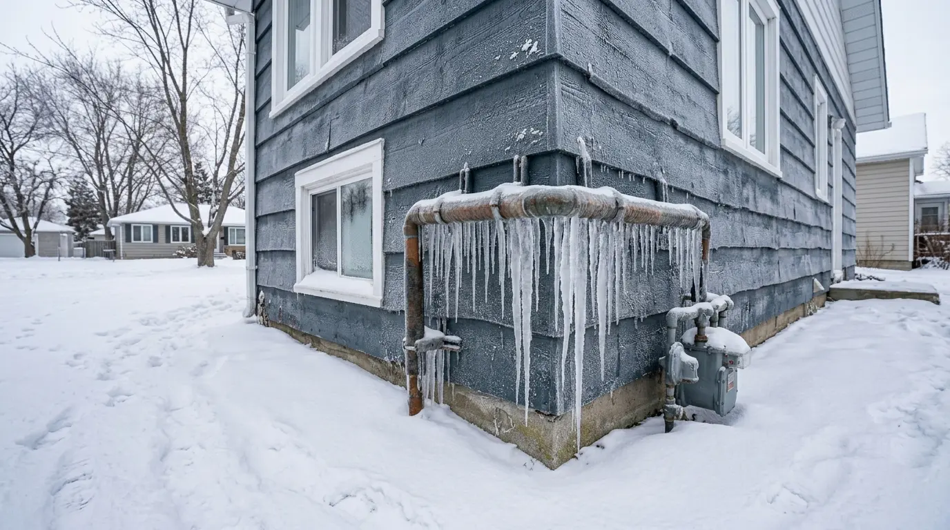 Frozen outdoor plumbing pipe with icicles needing emergency thawing in Oakville