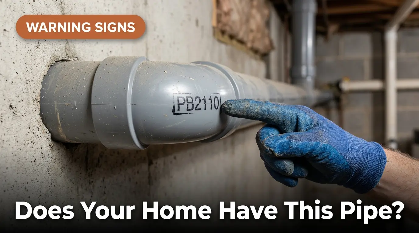 Grey polybutylene pipe with PB2110 stamp, a common warning sign in older Oakville homes