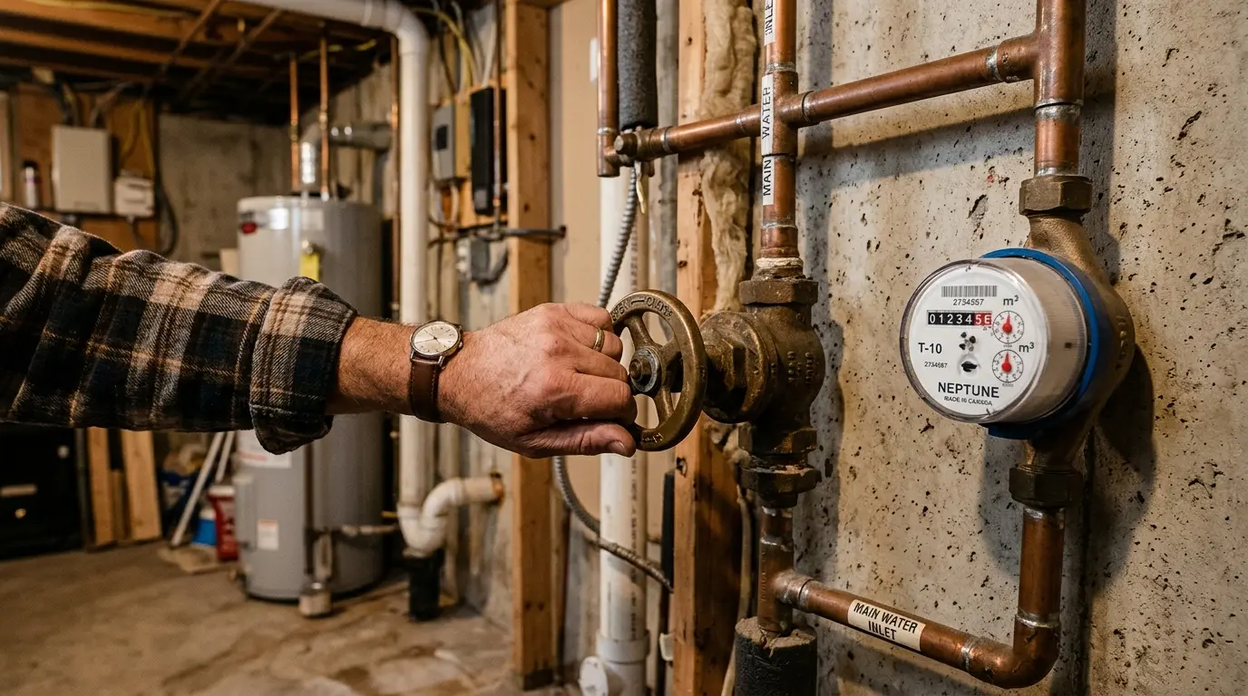 Homeowner turning off the main water shutoff valve in an Oakville basement