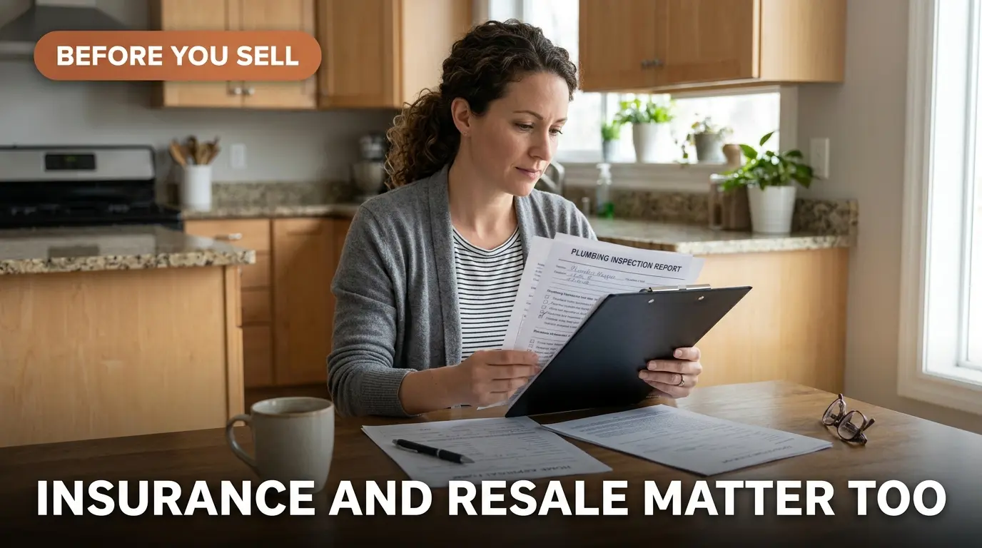 Homeowner reviewing a plumbing inspection report related to polybutylene pipe insurance concerns