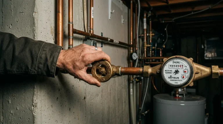 Homeowner shutting off the main water valve during a plumbing emergency in an Oakville home