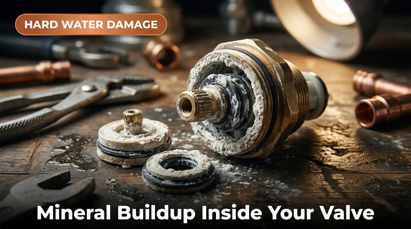 Mineral scale buildup inside a mixing valve cartridge caused by Oakville hard water