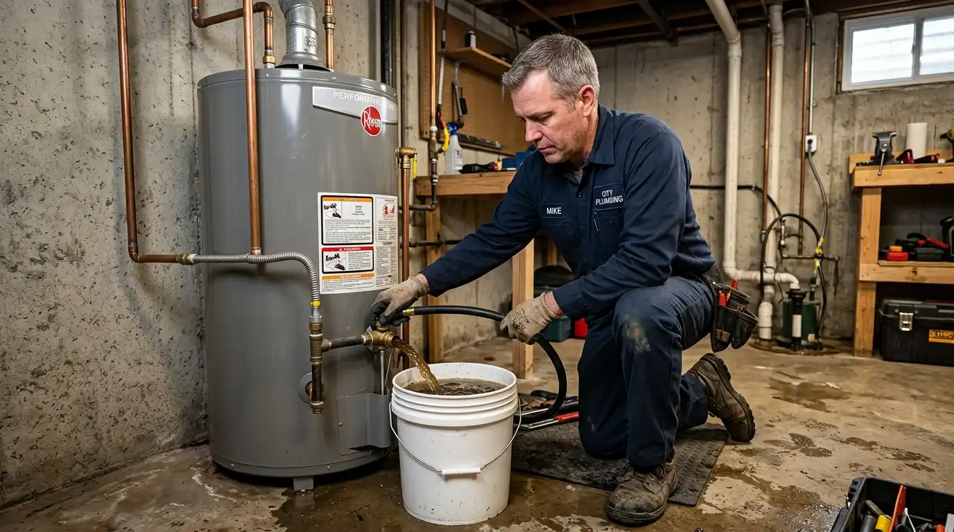 Plumber draining sediment from a water heater in an Oakville basement