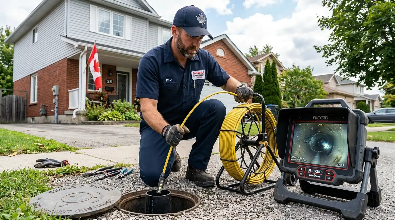 Plumber using a CCTV camera to diagnose a sewer backup in Oakville