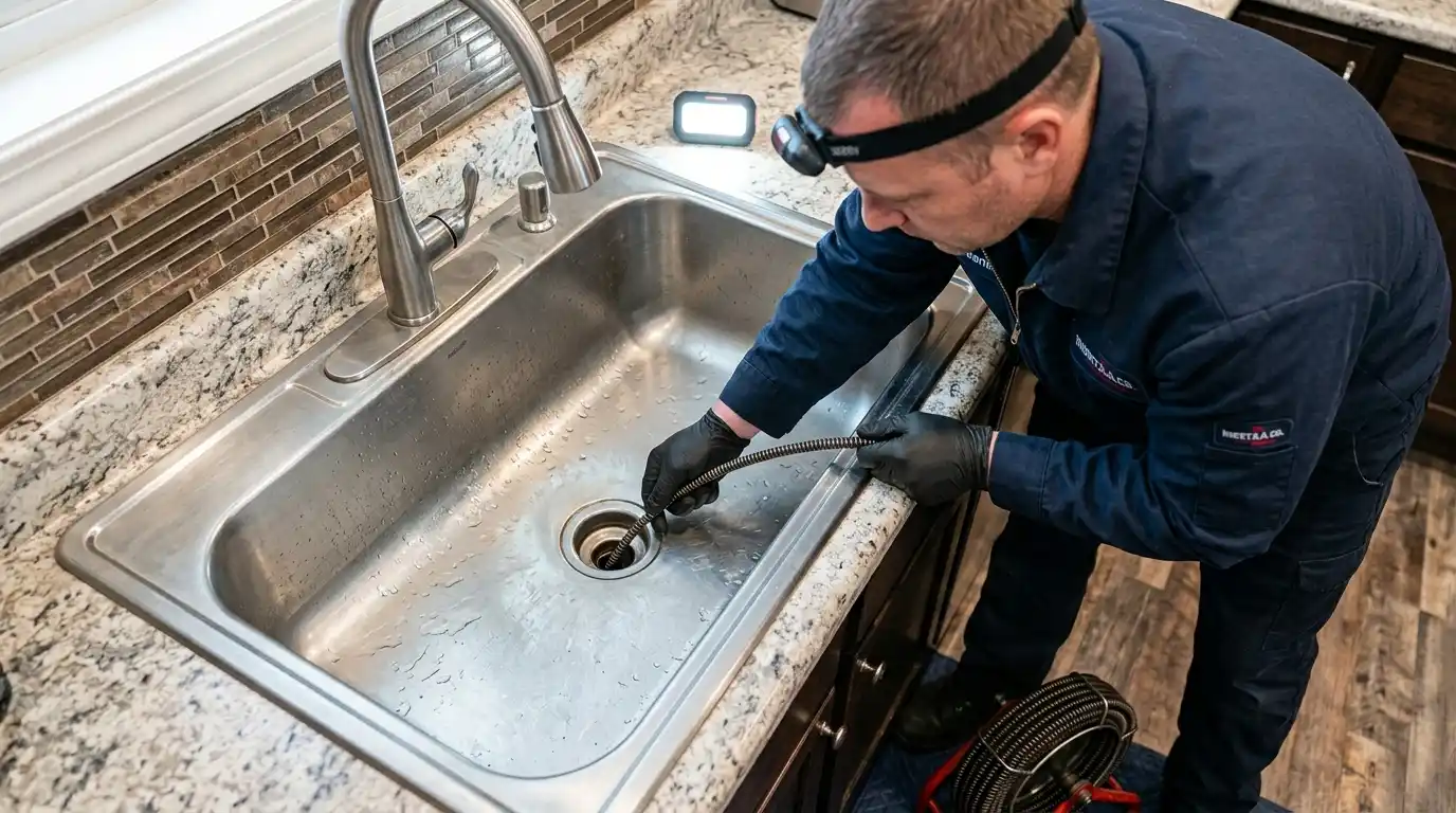 Plumber using a drain snake under a kitchen sink in Oakville