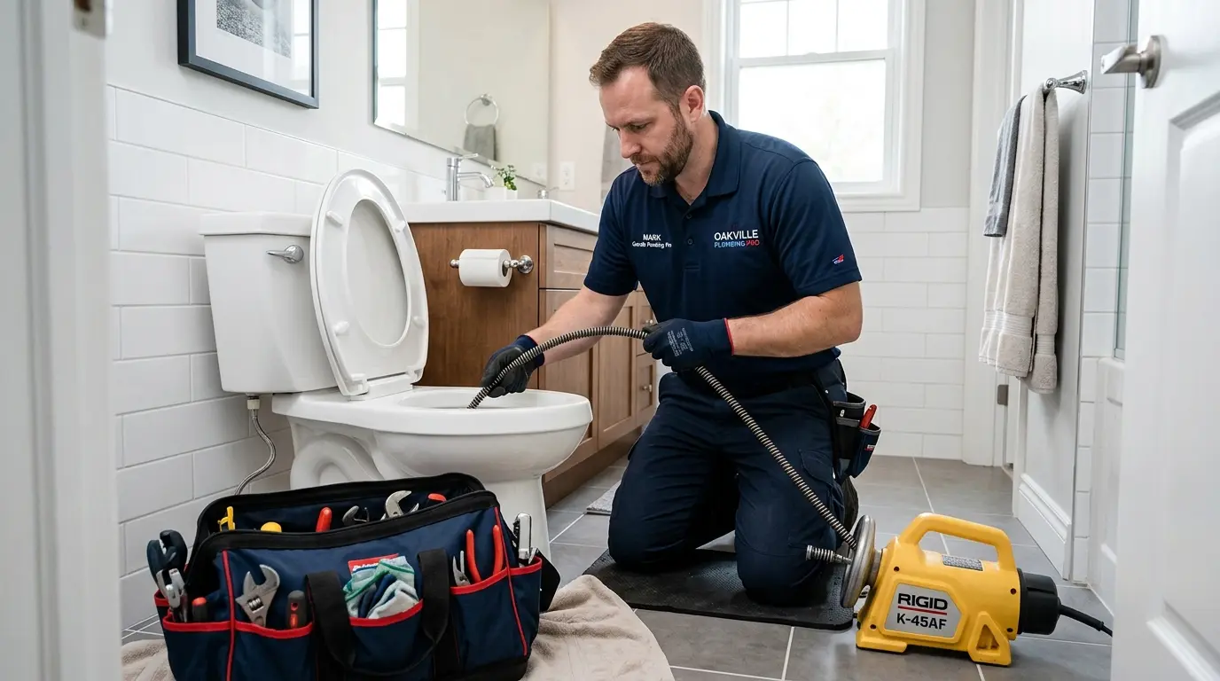 Plumber using a drain snake to diagnose a recurring toilet clog in Oakville