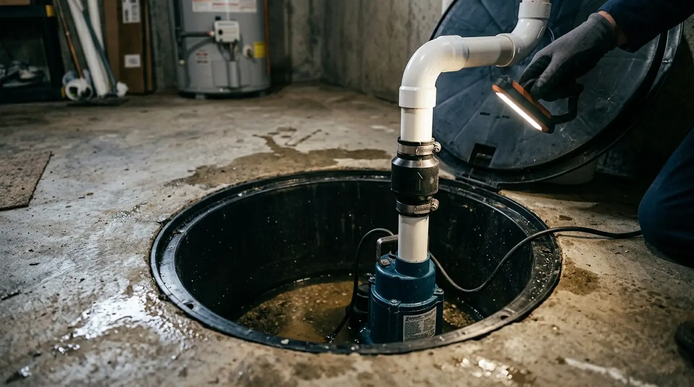 Sump pump pit inspection by Oakville plumber for basement flood prevention