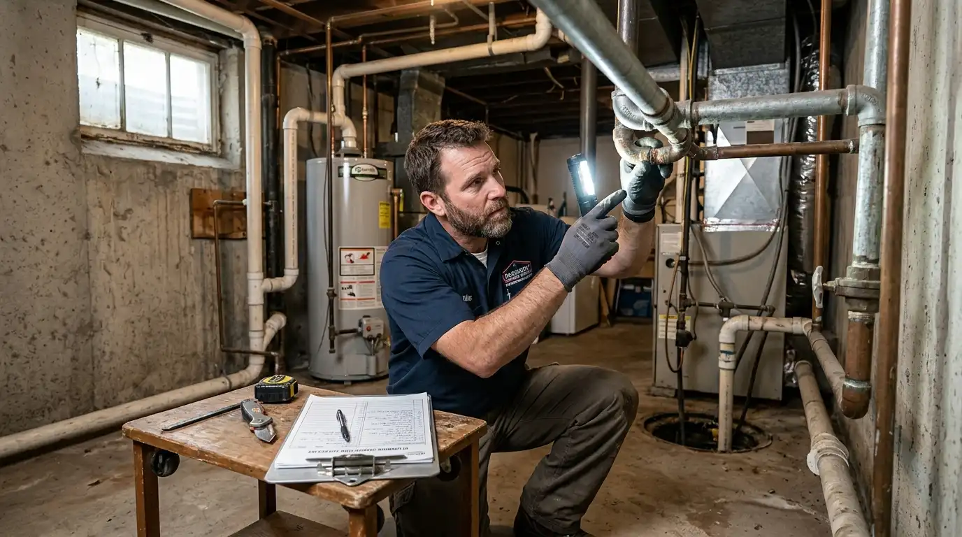 Licensed plumber performing a fall plumbing inspection in an Oakville basement