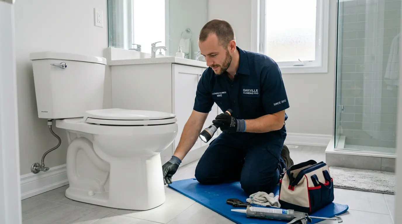 Plumber checking a clogged toilet in an Oakville home
