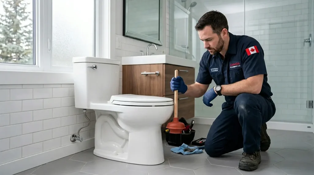 Plumber checking a clogged toilet in an Oakville home
