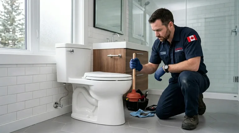 Plumber checking a clogged toilet in an Oakville home