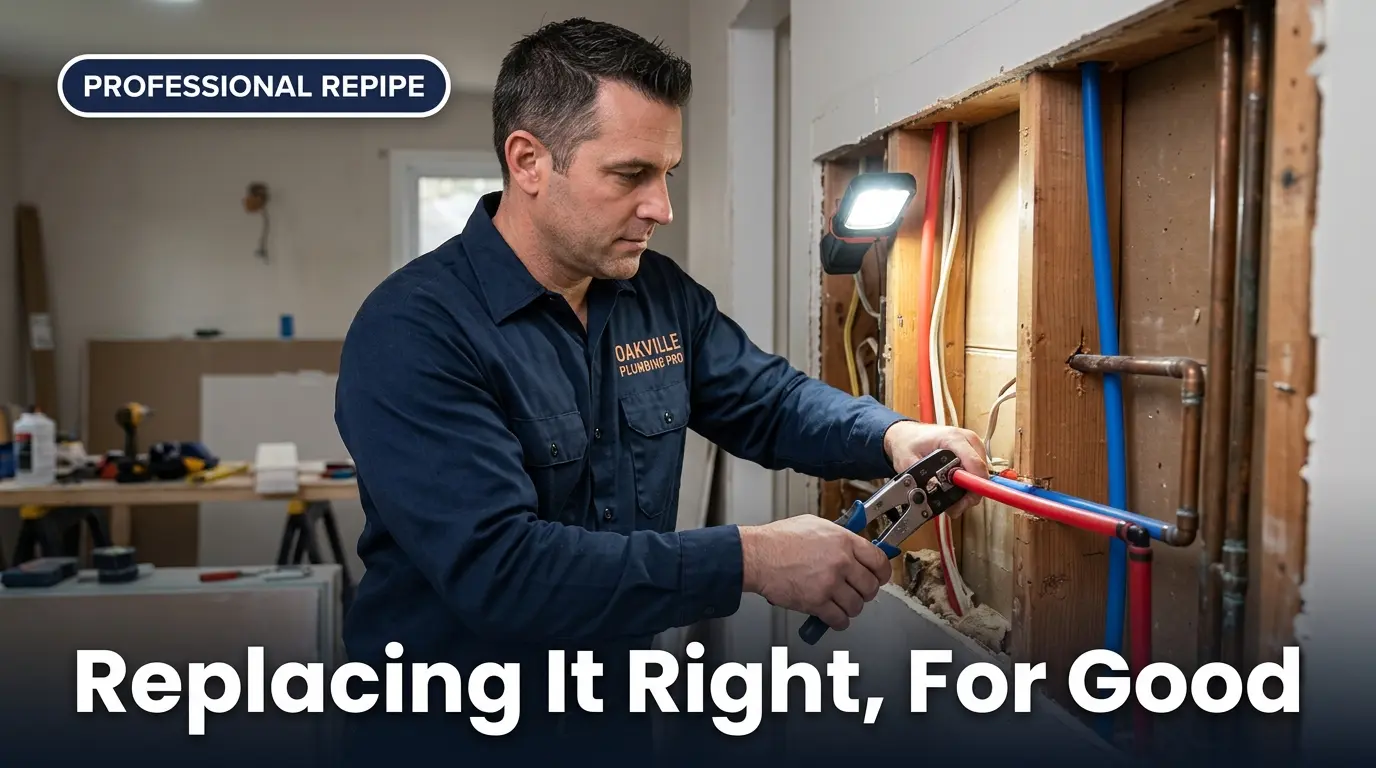 Oakville Plumbing Pro technician installing PEX pipe to replace polybutylene piping