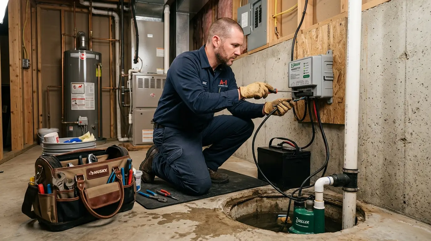 Plumber installing a battery backup sump pump system in an Oakville home