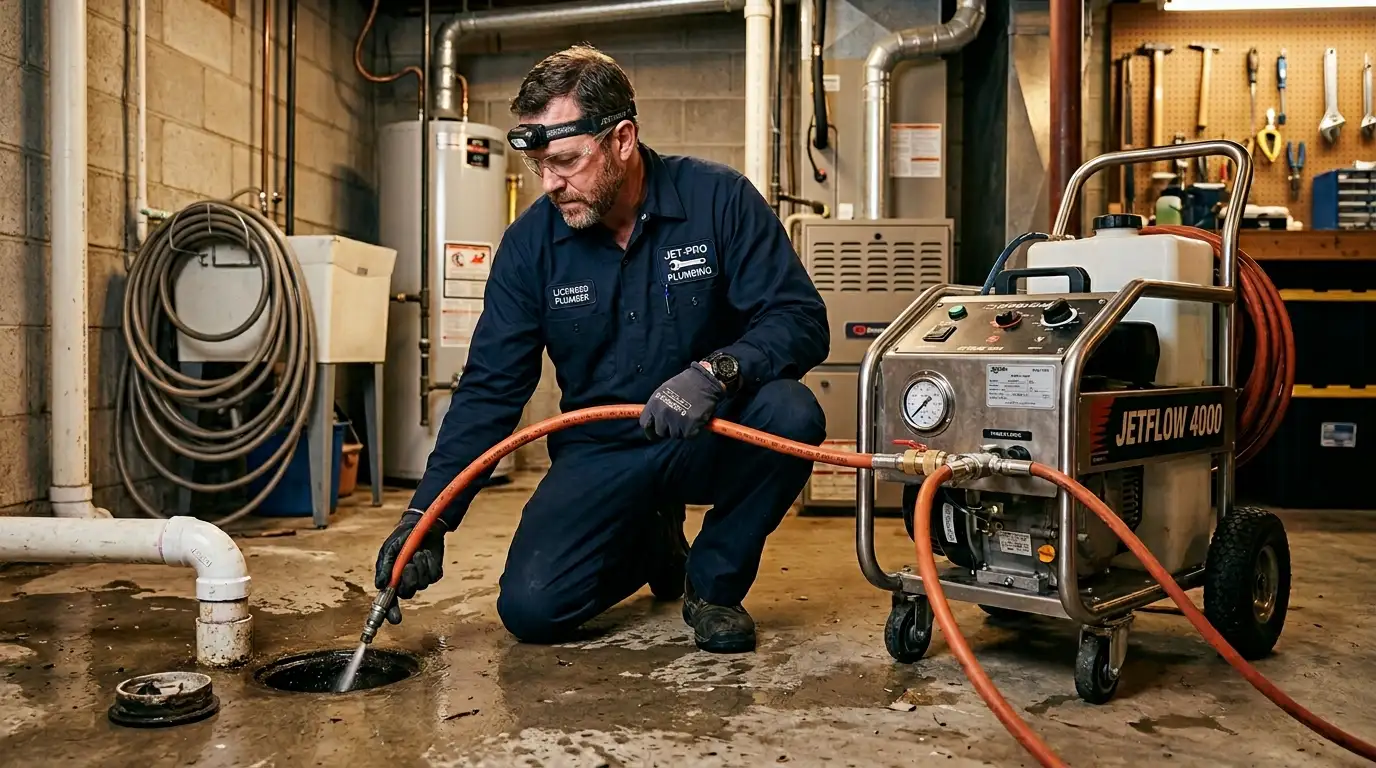 Plumber using professional hydro jetting equipment to clear a clogged drain in Oakville