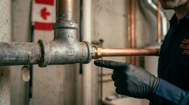 Comparing an old lead water service pipe to a newer copper pipe in an Oakville home