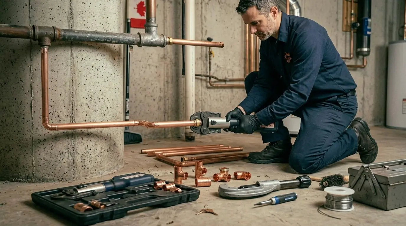 Plumber performing a scratch test to identify a lead pipe in an Oakville basement