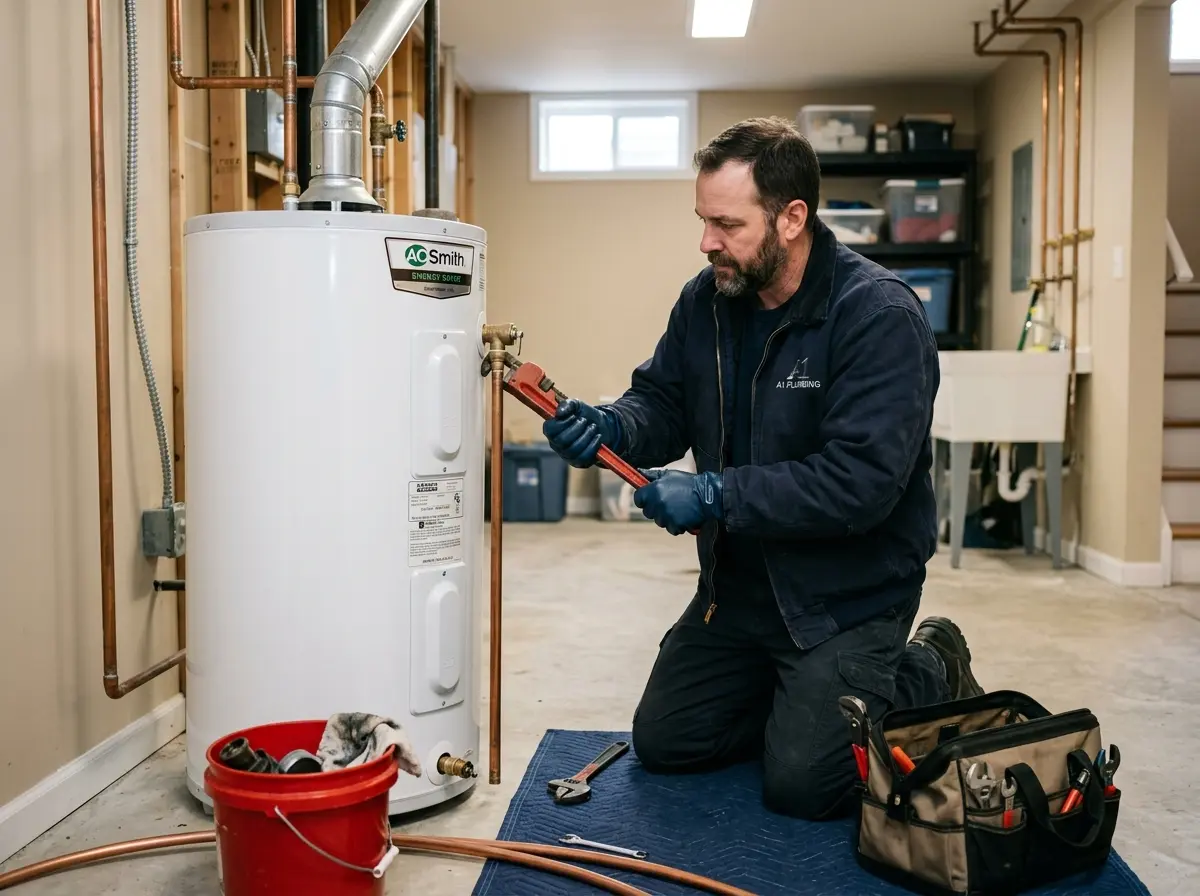 Licensed technician repairing a residential water heater in Oakville