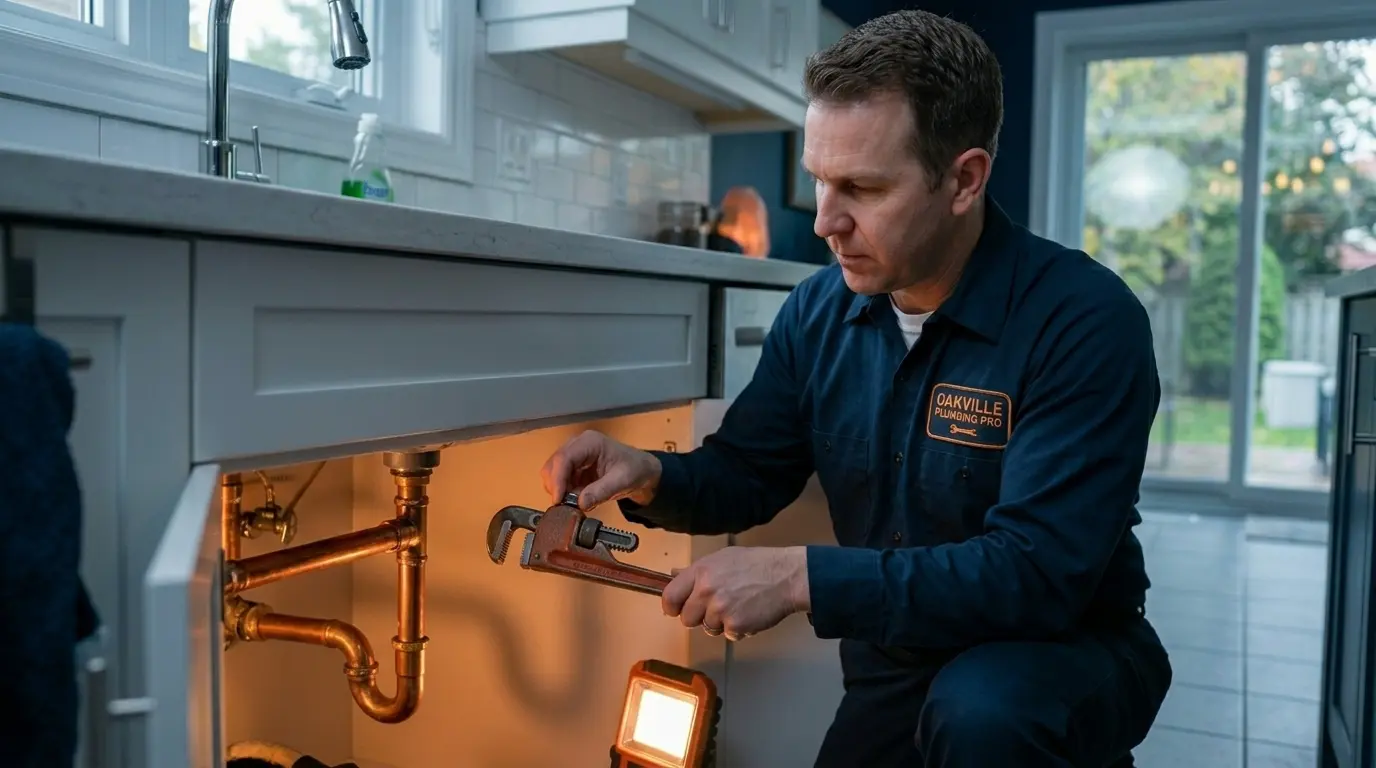 Licensed plumber repairing a pipe connection in an Oakville home