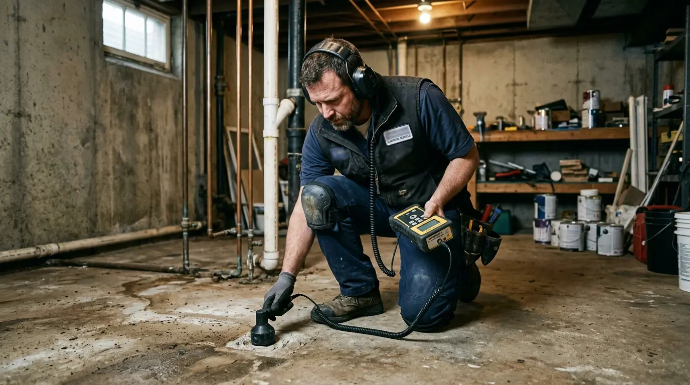 Acoustic slab leak detection equipment on floor