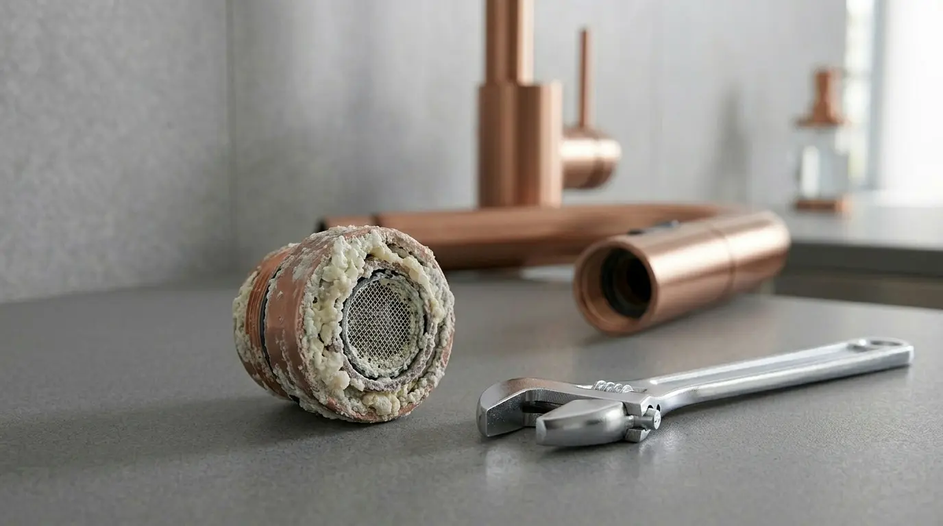 Mineral buildup inside a faucet aerator causing low water pressure in Oakville