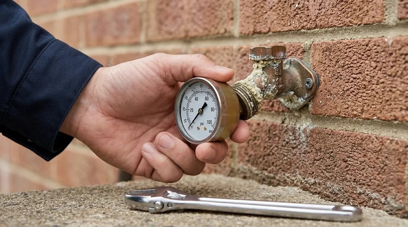 Plumber testing water pressure with a gauge in an Oakville home