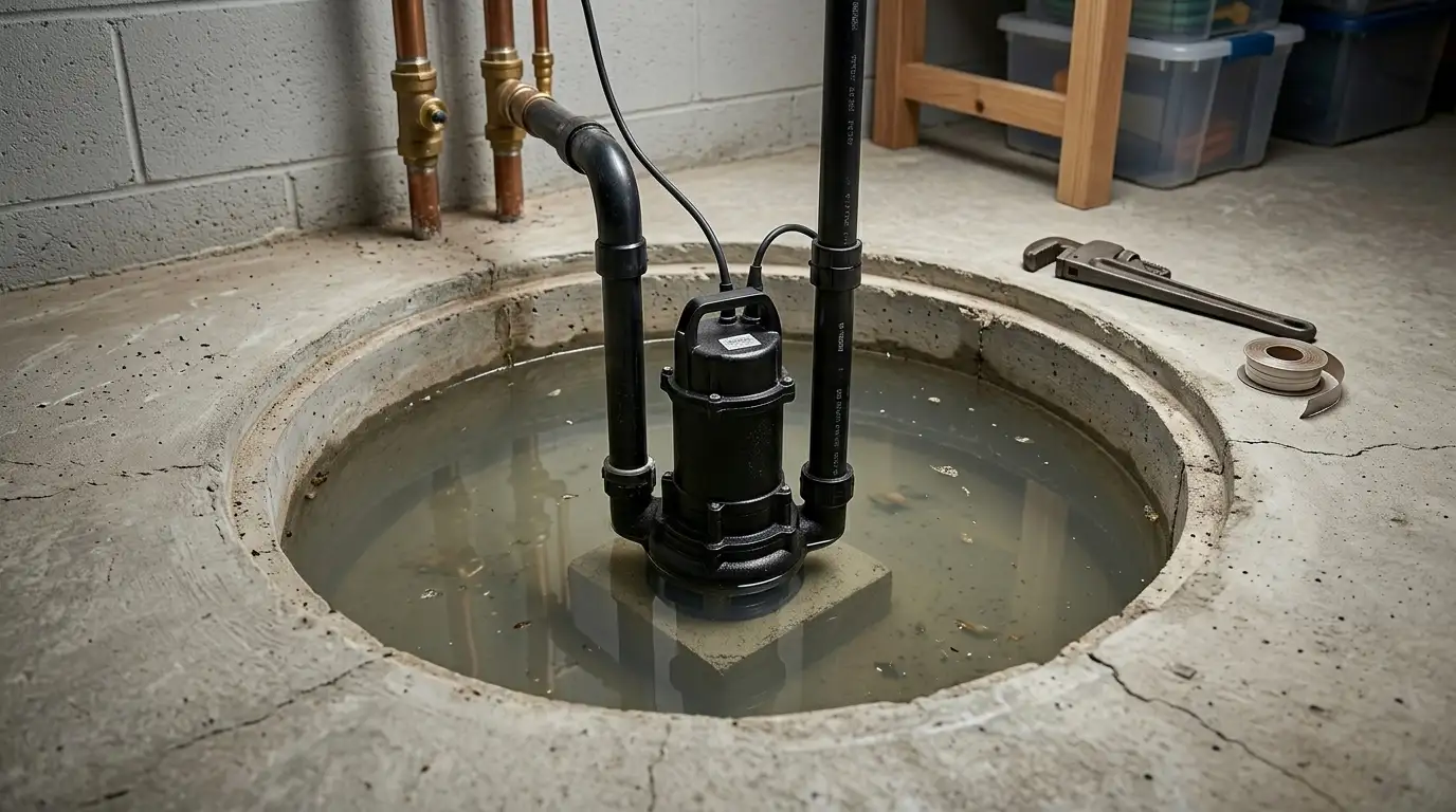 Sump pump pit in an Oakville basement showing signs of wear