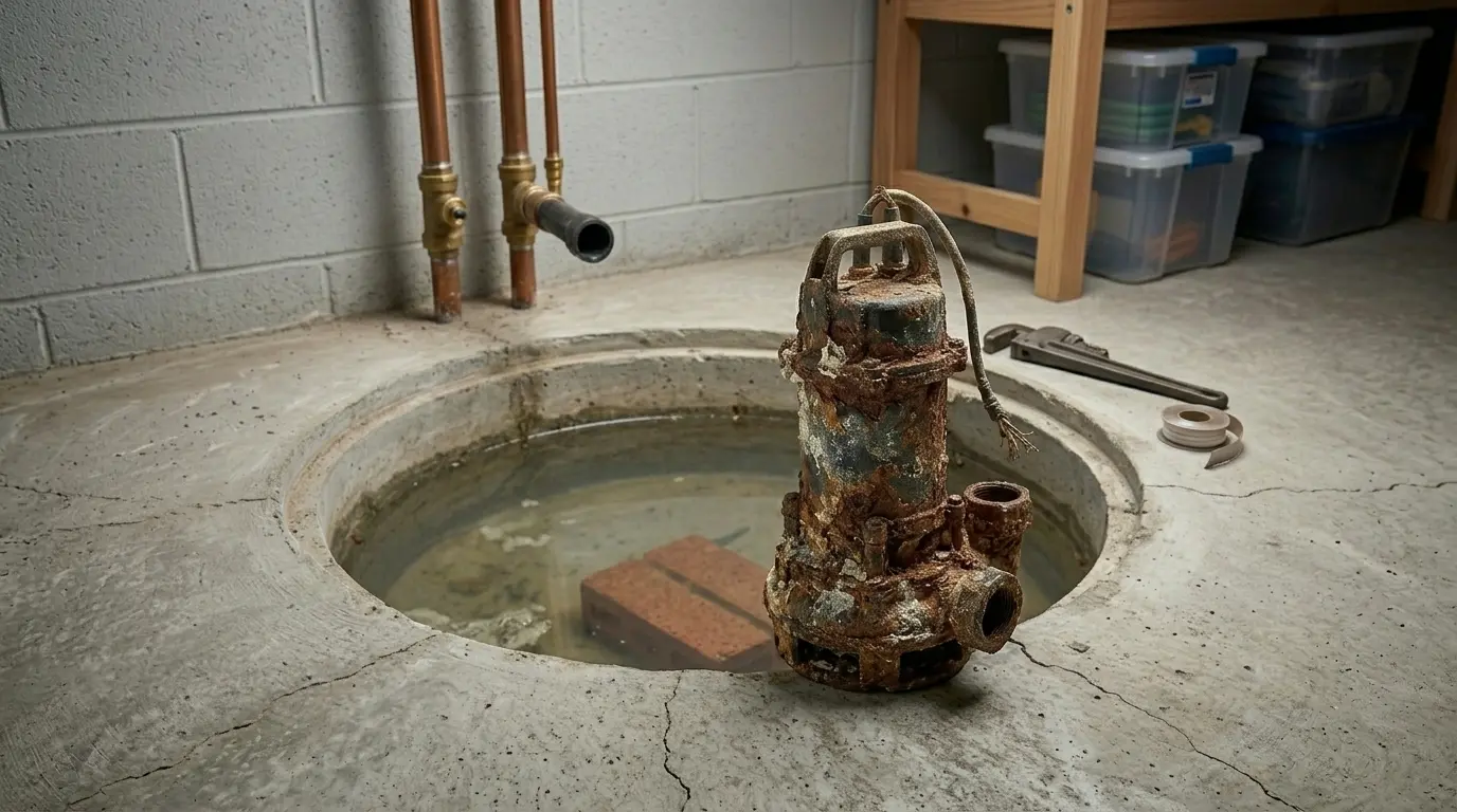 Corroded sump pump motor showing signs of failure in an Oakville basement
