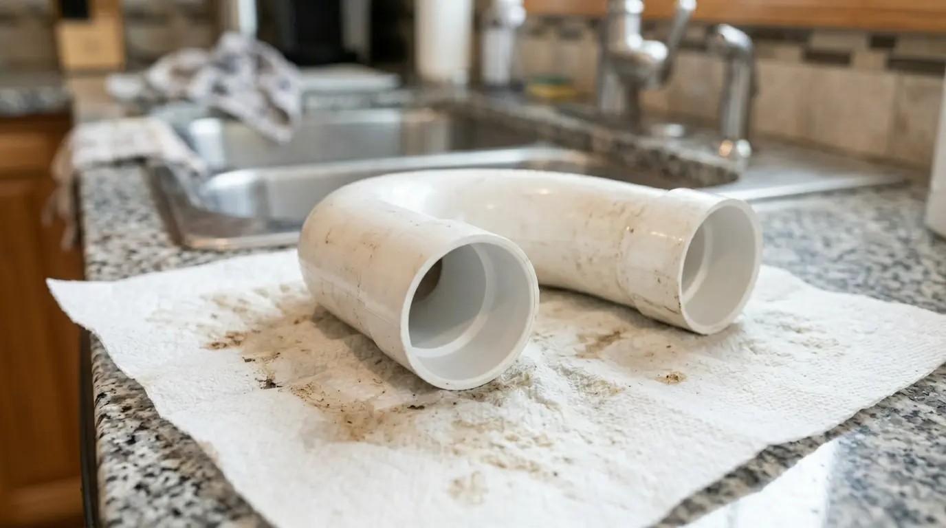 Grease buildup inside a kitchen sink P-trap pipe in Oakville