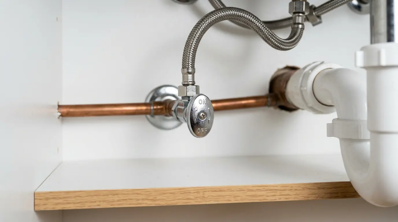 Individual fixture shutoff valve under a bathroom sink in an Oakville home