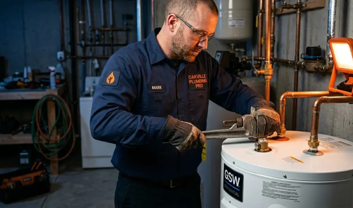 Licensed plumber performing water heater repair in Oakville Ontario โ Oakville Plumbing Pro