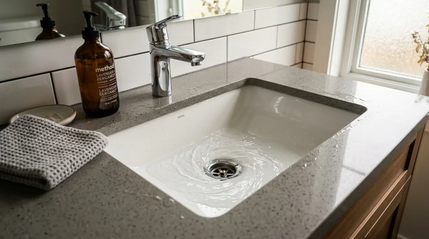 Slow draining bathroom sink showing early signs of a clogged drain in an Oakville home