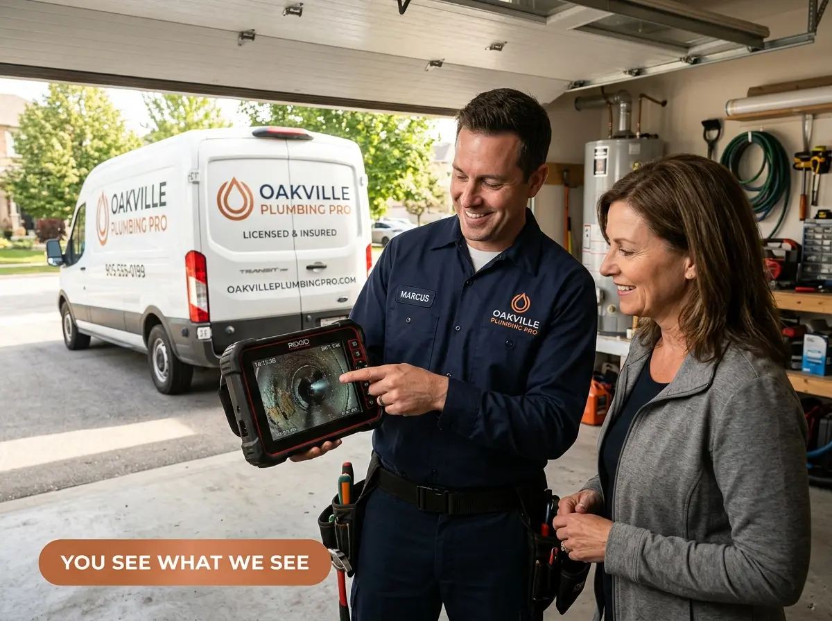 Oakville Plumbing Pro plumber showing a homeowner live sewer camera footage before quoting a sewer line repair