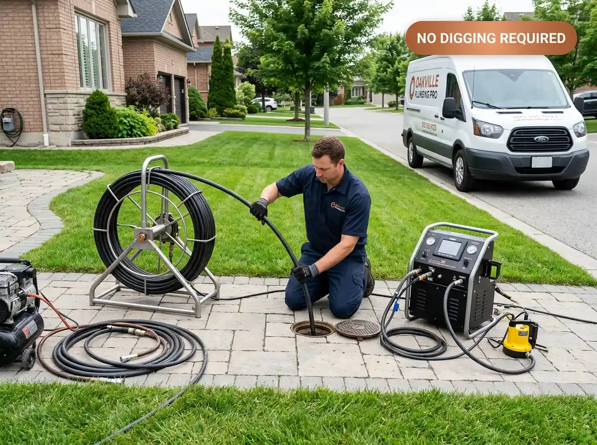 Trenchless sewer line repair in Oakville — pipe lining equipment set up on a driveway with no excavation