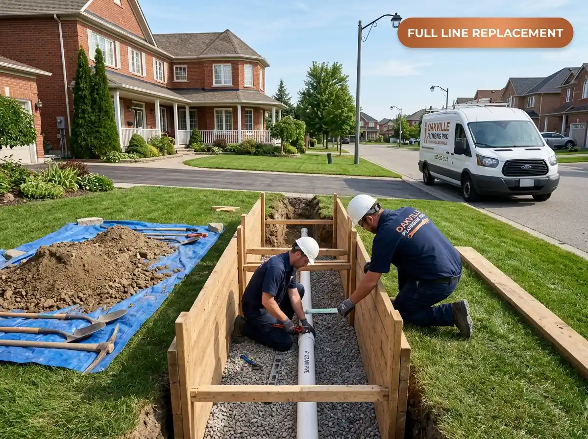 Traditional sewer line replacement in Oakville — excavated trench with new PVC pipe being installed