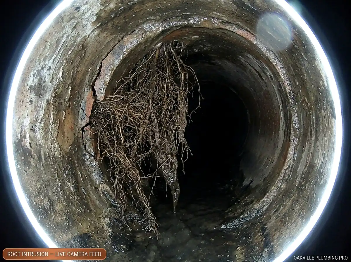 Tree root intrusion inside a cracked clay sewer pipe — a common cause of sewer line failure in older Oakville homes