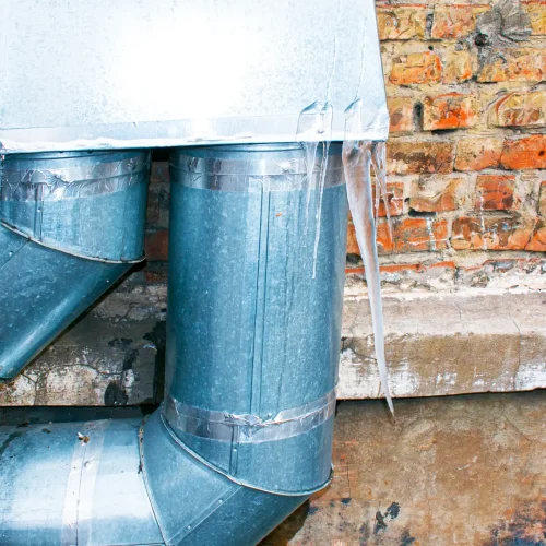 Frozen outdoor plumbing pipes with icicles needing emergency thawing in Oakville